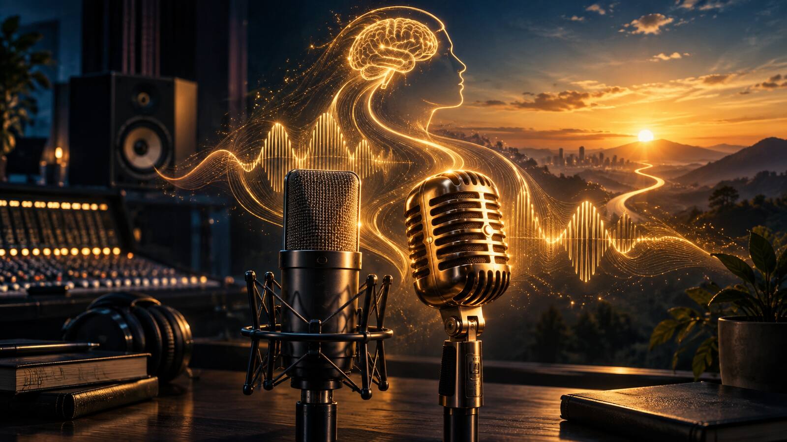 Two studio microphones surrounded by golden sound waves forming an illuminated mind and a path toward sunrise, symbolizing Mindset Music.